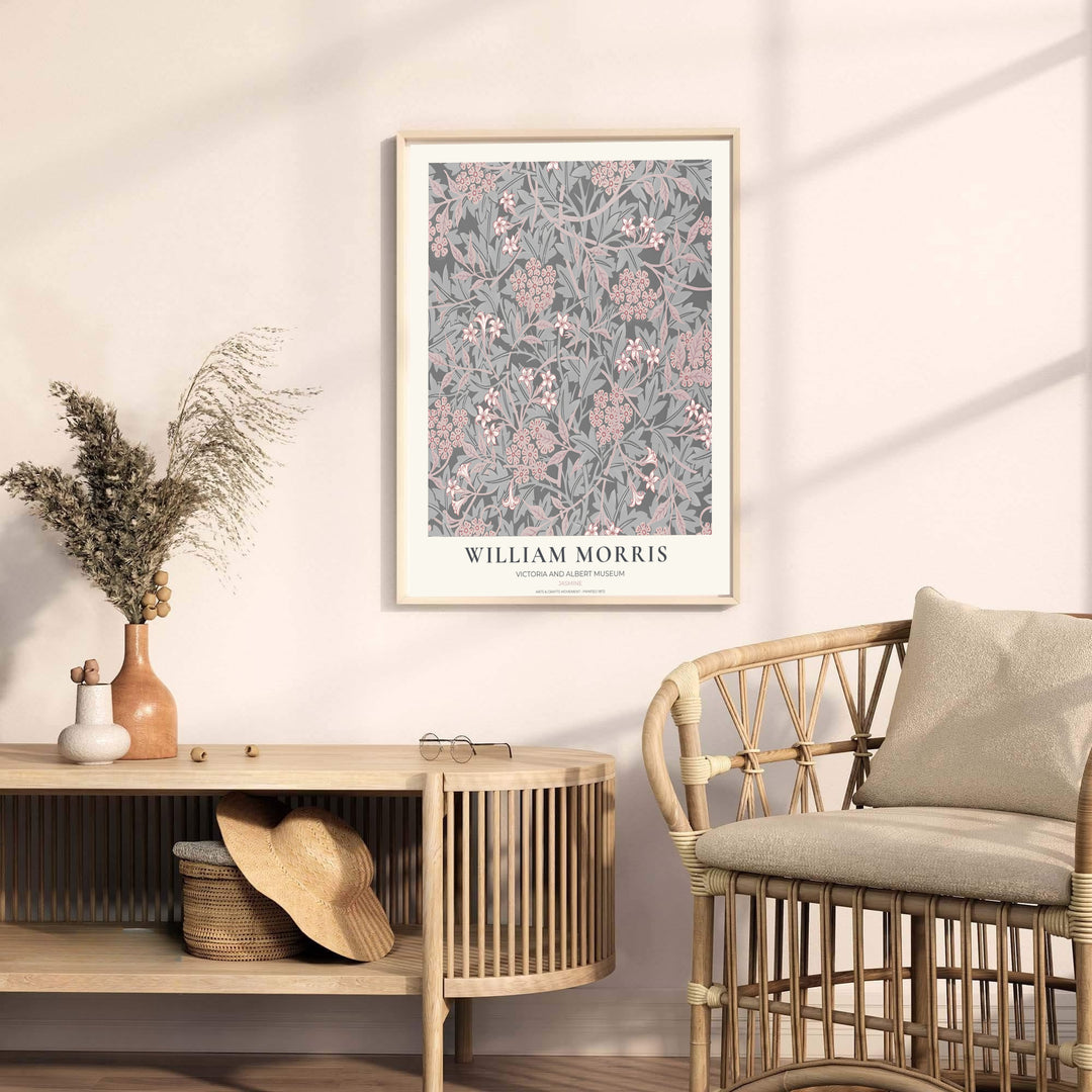 Museum-quality reproduction of the grey William Morris Jasmine layout, printed on archival matte paper. Find framed, unframed, and canvas options available at MapYourDreams.