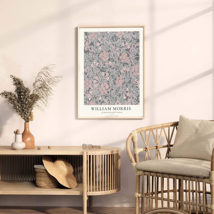 Museum-quality reproduction of the grey William Morris Jasmine layout, printed on archival matte paper. Find framed, unframed, and canvas options available at MapYourDreams.