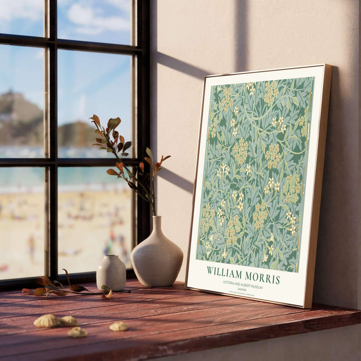 Peaceful sage green floral art poster by William Morris featuring jasmine foliage, ideal for bedroom wall spaces. Select from elegant framed, unframed, and canvas options available at MapYourDreams.