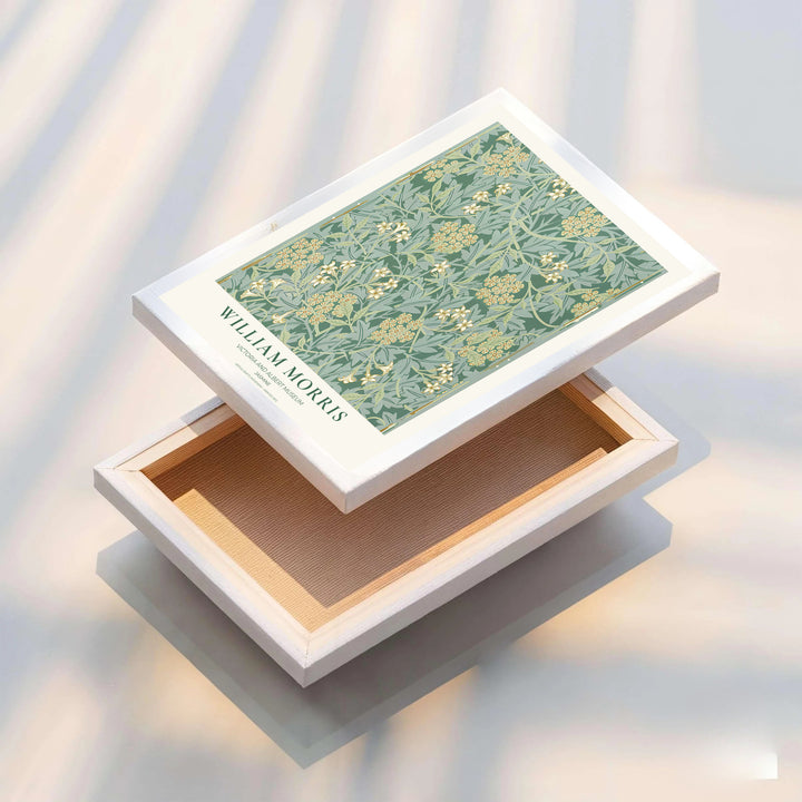 Intricate hawthorn foliage and jasmine pattern art print by William Morris, ideal for creating a tranquil focal point. MapYourDreams offers museum-grade framed, unframed, and canvas options available.