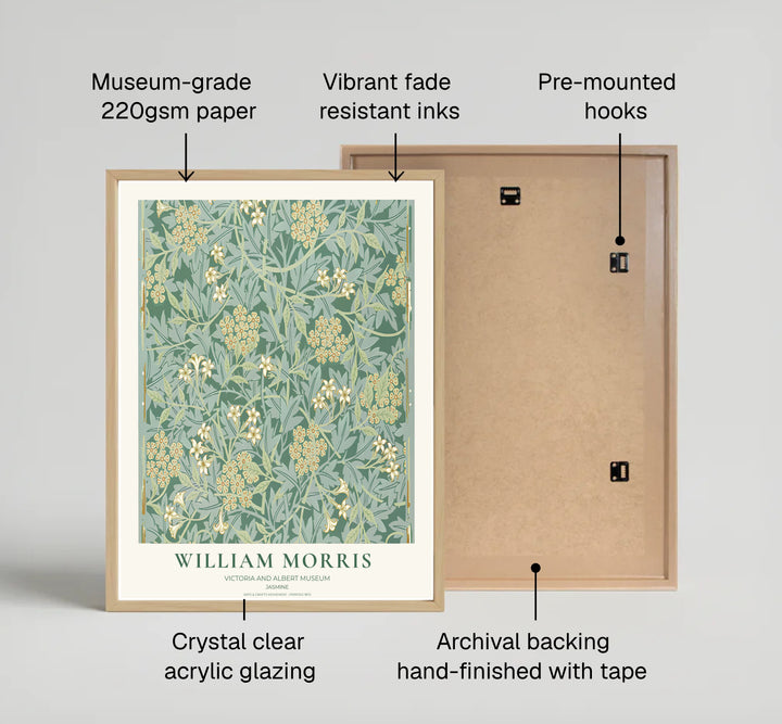 Vintage English heritage poster showing a dense sage tapestry of William Morris Jasmine vines on paper. Explore our selection of framed, unframed, and canvas options available at MapYourDreams.