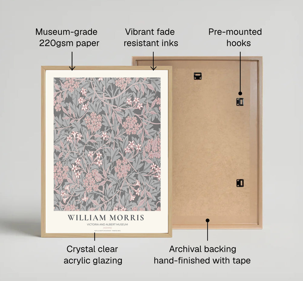 Restored 1872 William Morris exhibition poster combining charcoal grey hues with historic British Arts and Crafts art. Shop stunning framed, unframed, and canvas options available at MapYourDreams.