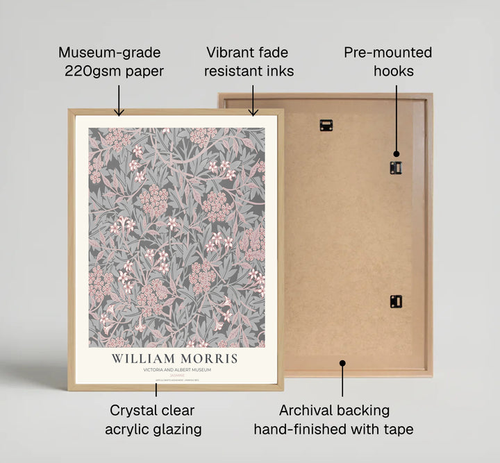 Restored 1872 William Morris exhibition poster combining charcoal grey hues with historic British Arts and Crafts art. Shop stunning framed, unframed, and canvas options available at MapYourDreams.