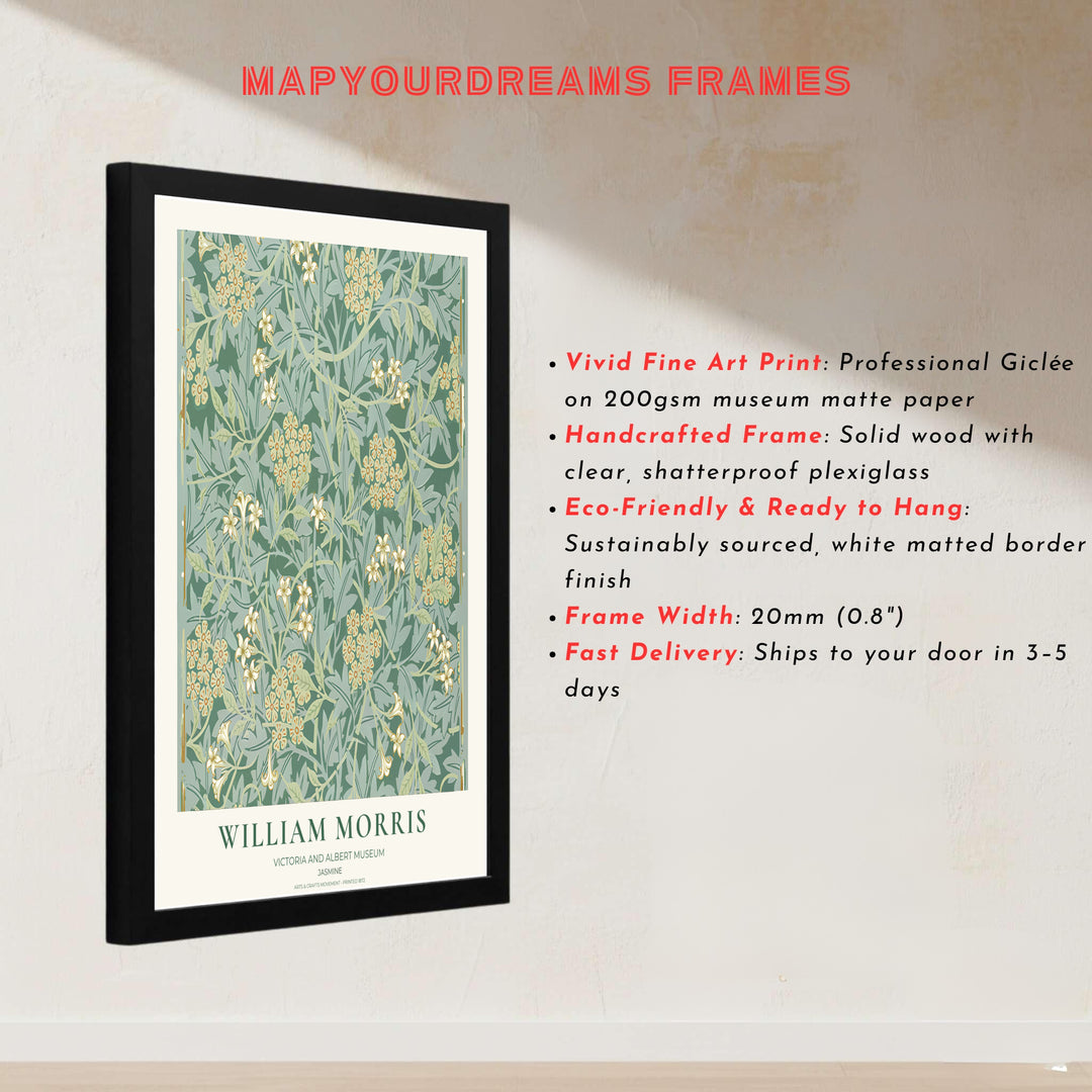 Restored 1872 William Morris exhibition poster combining sage green hues with historic British Arts and Crafts art. Shop stunning framed, unframed, and canvas options available at MapYourDreams.