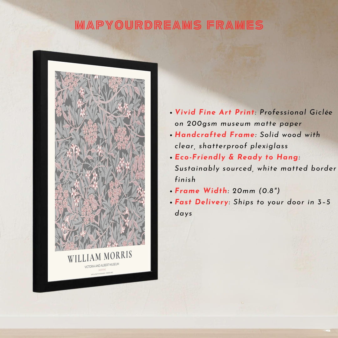 Striking charcoal floral wall hanging featuring William Morris Jasmine motifs from the V&amp;A collection. Choose framed, unframed, and canvas options available from MapYourDreams.