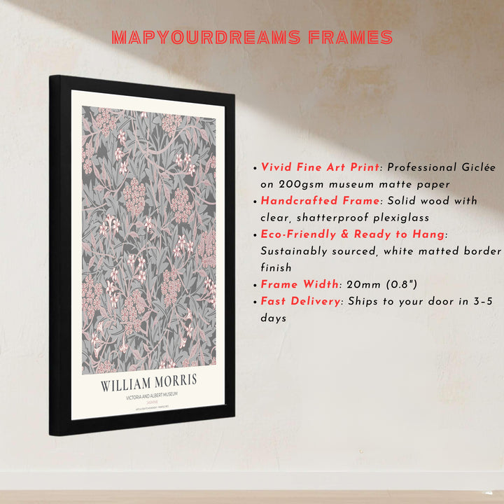 Striking charcoal floral wall hanging featuring William Morris Jasmine motifs from the V&amp;A collection. Choose framed, unframed, and canvas options available from MapYourDreams.
