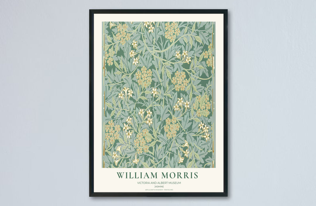 Serene sage green botanical decor print featuring jasmine foliage by William Morris, framed in a clean layout. Order your favorite framed, unframed, and canvas options available at MapYourDreams.
