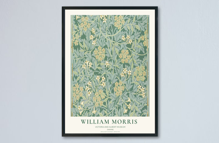 Serene sage green botanical decor print featuring jasmine foliage by William Morris, framed in a clean layout. Order your favorite framed, unframed, and canvas options available at MapYourDreams.