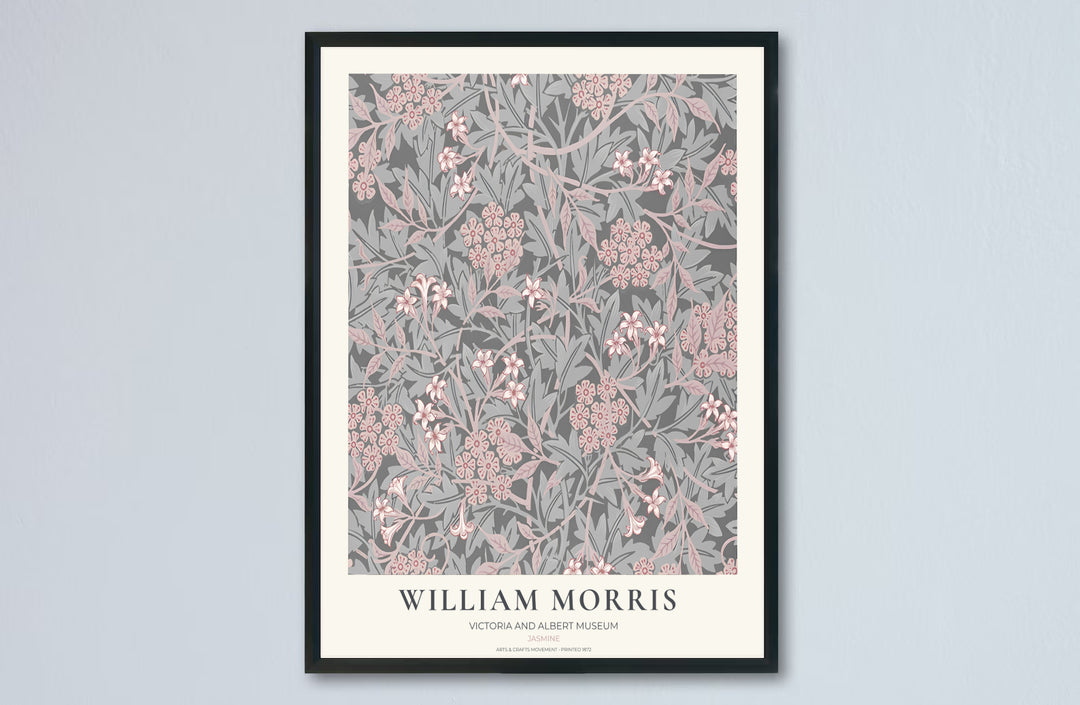 Intricate hawthorn foliage and jasmine pattern art print by William Morris, ideal for creating a romantic focal point. MapYourDreams offers museum-grade framed, unframed, and canvas options available.
