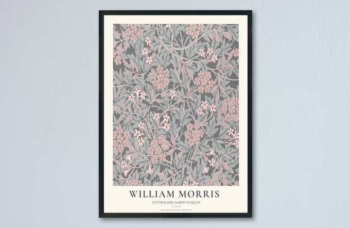 Intricate hawthorn foliage and jasmine pattern art print by William Morris, ideal for creating a romantic focal point. MapYourDreams offers museum-grade framed, unframed, and canvas options available.