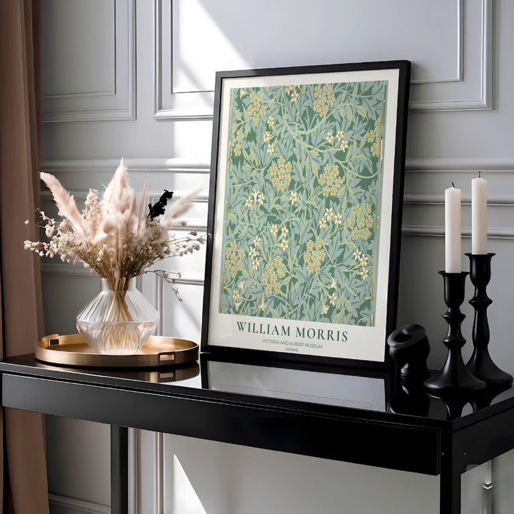 Intricate 1872 William Morris Jasmine wallpaper pattern in soothing sage green with V&amp;A museum text. Shop high quality framed, unframed, and canvas options available today at MapYourDreams.