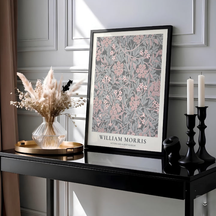 Vintage English heritage poster showing a dense grey tapestry of William Morris Jasmine vines on paper. Explore our selection of framed, unframed, and canvas options available at MapYourDreams.