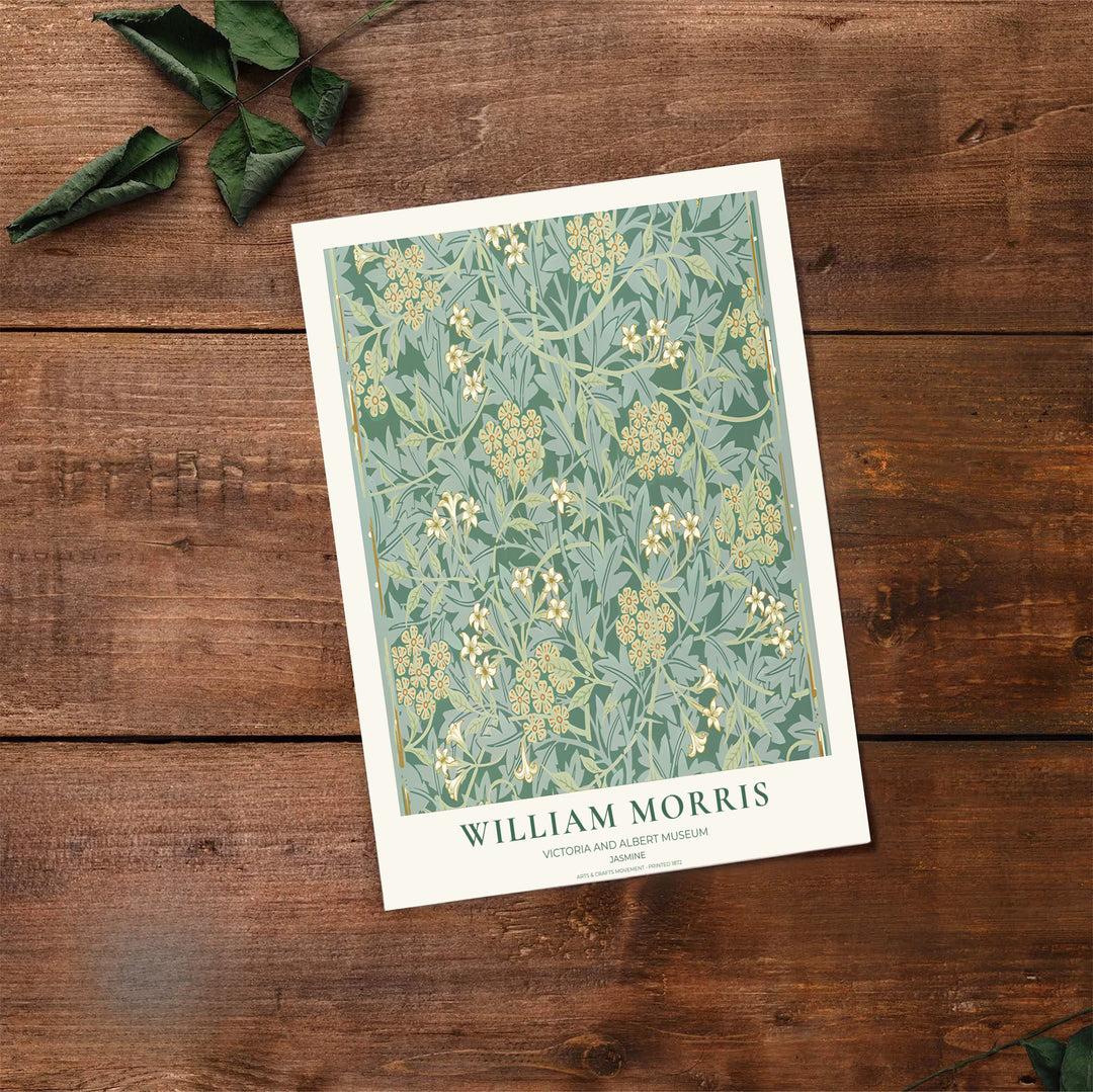 High-contrast botanical pattern artwork by William Morris featuring Jasmine floral motifs for gallery walls. Order archival framed, unframed, and canvas options available at MapYourDreams now.