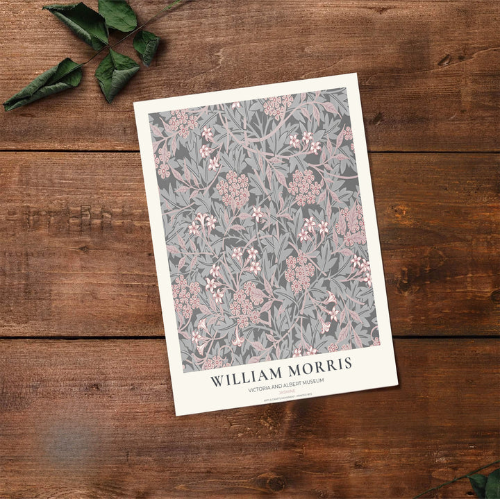 Soft grey pink botanical decor print featuring jasmine foliage by William Morris, framed in a clean layout. Order your favorite framed, unframed, and canvas options available at MapYourDreams.
