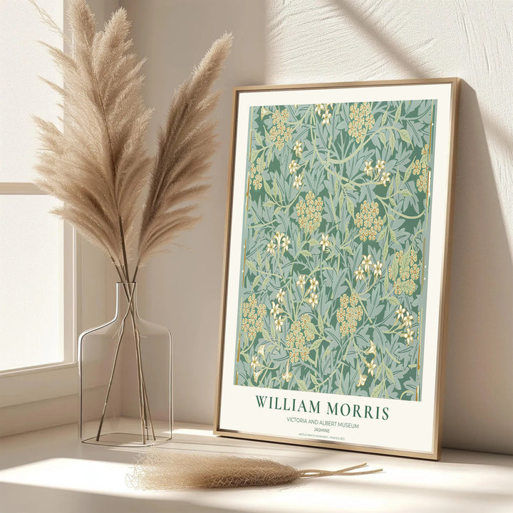 Beautiful William Morris Jasmine artwork showcasing 19th-century textile graphics on a forest green field. MapYourDreams presents professional framed, unframed, and canvas options available for display.