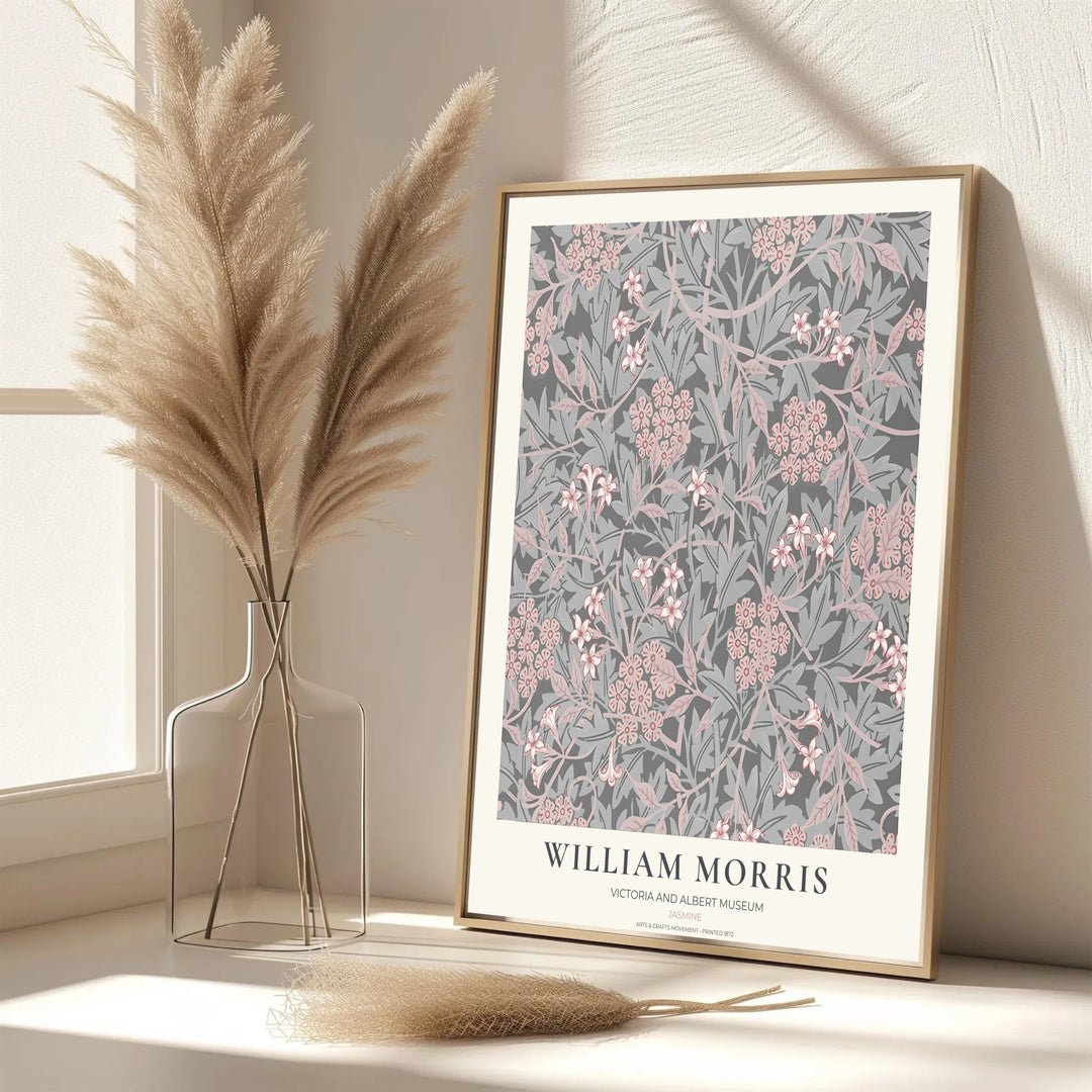 Beautiful William Morris Jasmine artwork showcasing 19th-century textile graphics on a charcoal field. MapYourDreams presents professional framed, unframed, and canvas options available for display.