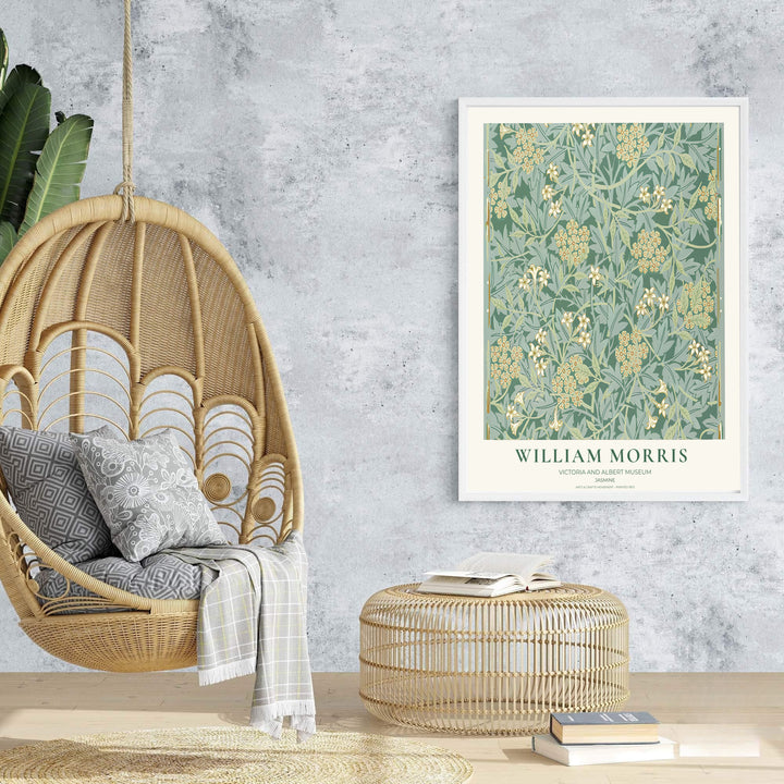 Biophilic green floral tapestry print illustrating William Morris Jasmine foliage, designed for cozy interior schemes. Select fine framed, unframed, and canvas options available at MapYourDreams.