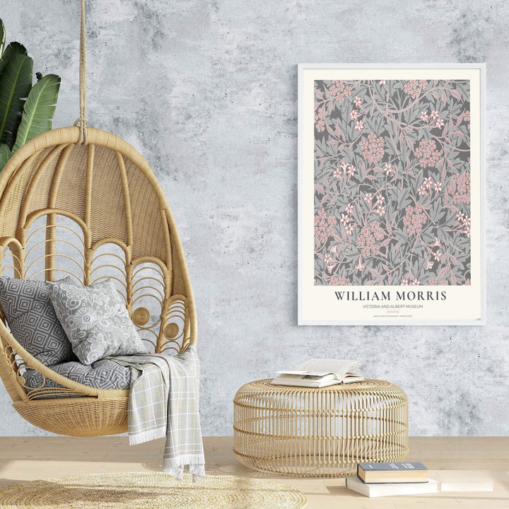 Romantic floral tapestry print illustrating William Morris Jasmine foliage, designed for cozy interior schemes. Select fine framed, unframed, and canvas options available at MapYourDreams.