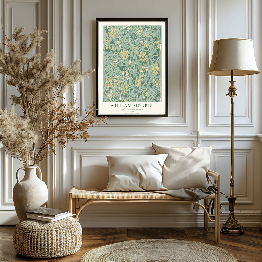 Fine art print of the William Morris Jasmine design, displaying historic botanical craftsmanship in sage green. MapYourDreams features top quality framed, unframed, and canvas options available.