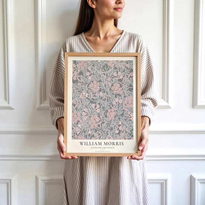 Peaceful bedroom art print displaying the 1872 William Morris Jasmine layout in grey, silver, and blush pink. MapYourDreams has ready-to-hang framed, unframed, and canvas options available for decor.
