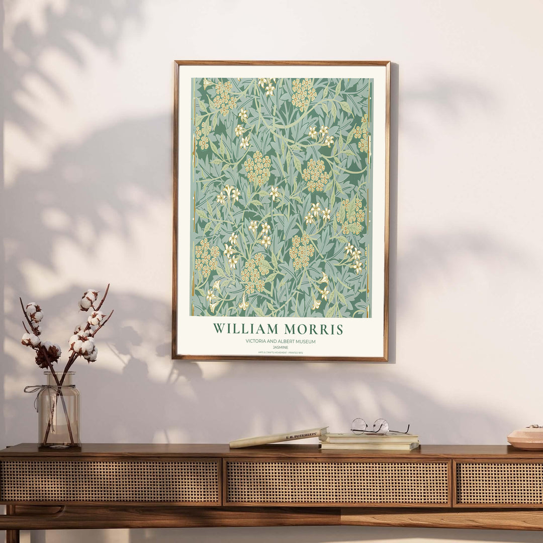 Archival exhibition poster of the green William Morris Jasmine design with Victoria &amp; Albert Museum text. Discover our tailored framed, unframed, and canvas options available at MapYourDreams.
