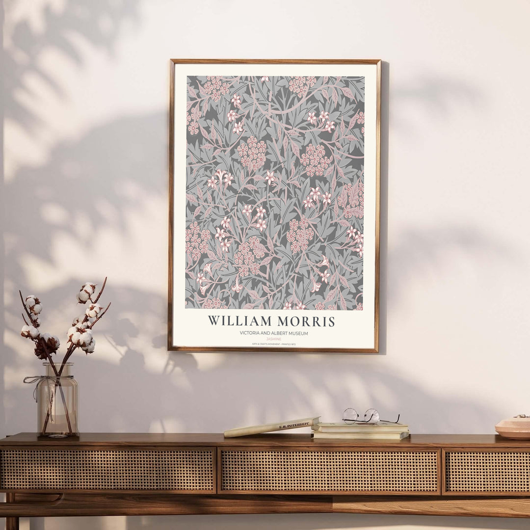 Archival exhibition poster of the grey William Morris Jasmine design with Victoria &amp; Albert Museum text. Discover our tailored framed, unframed, and canvas options available at MapYourDreams.