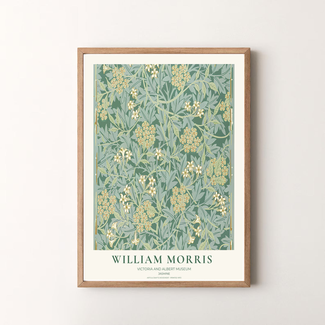 Vibrant botanical gallery wall piece featuring William Morris Jasmine foliage in forest green and soft yellow. Shop versatile framed, unframed, and canvas options available at MapYourDreams.