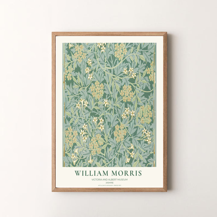 Vibrant botanical gallery wall piece featuring William Morris Jasmine foliage in forest green and soft yellow. Shop versatile framed, unframed, and canvas options available at MapYourDreams.