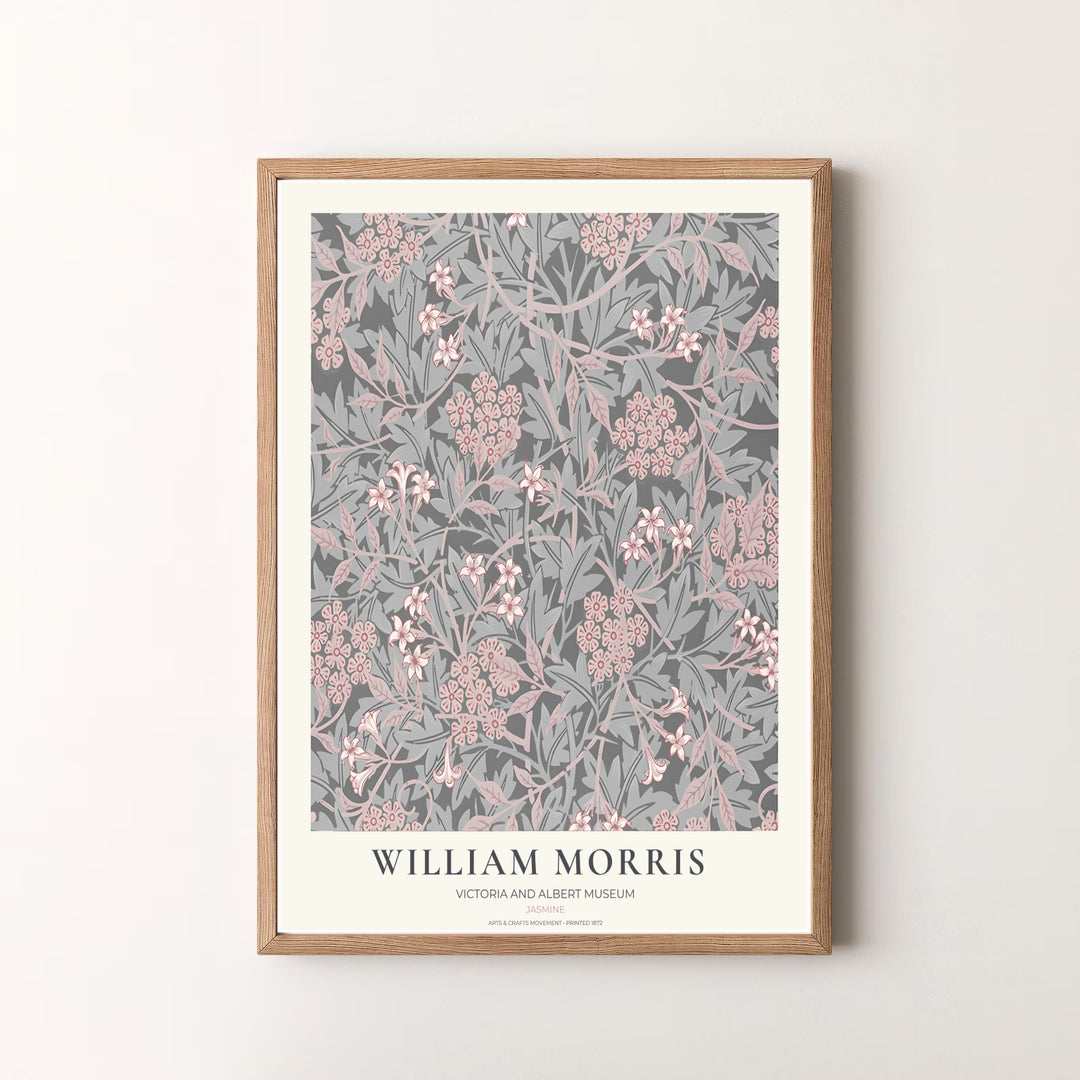 Vibrant botanical gallery wall piece featuring William Morris Jasmine foliage in charcoal grey and soft pink. Shop versatile framed, unframed, and canvas options available at MapYourDreams.