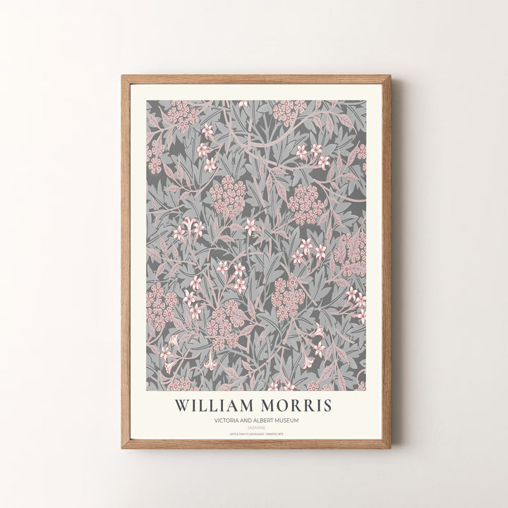 Vibrant botanical gallery wall piece featuring William Morris Jasmine foliage in charcoal grey and soft pink. Shop versatile framed, unframed, and canvas options available at MapYourDreams.