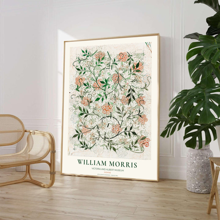 Close-up view of graphite guidelines, ink outlines, and terracotta orange floral details from the William Morris Jasmine Sketch poster. MapYourDreams offers versatile framed, unframed, and canvas options available online.