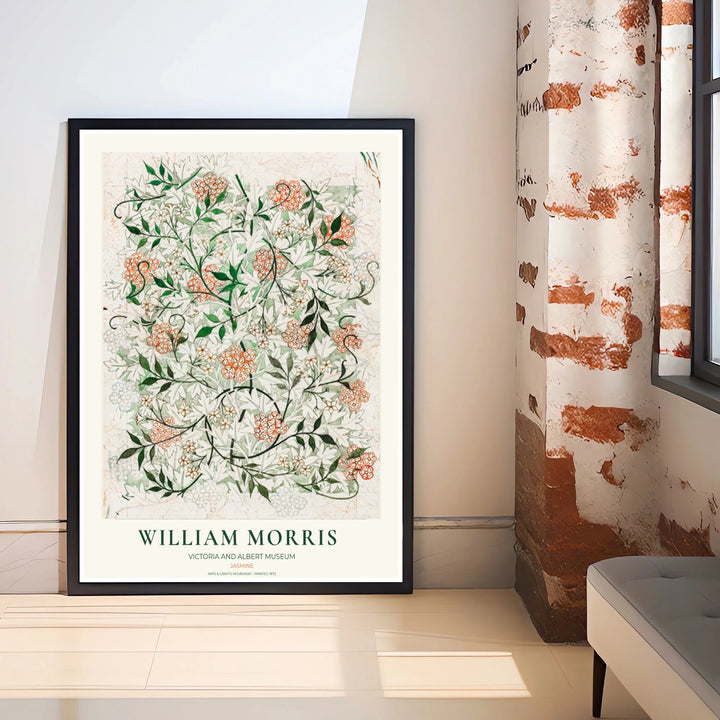 Charming vintage artist draft poster illustrating 19th-century William Morris Jasmine foliage with museum typography. MapYourDreams brings you beautiful framed, unframed, and canvas options available for wall styling.