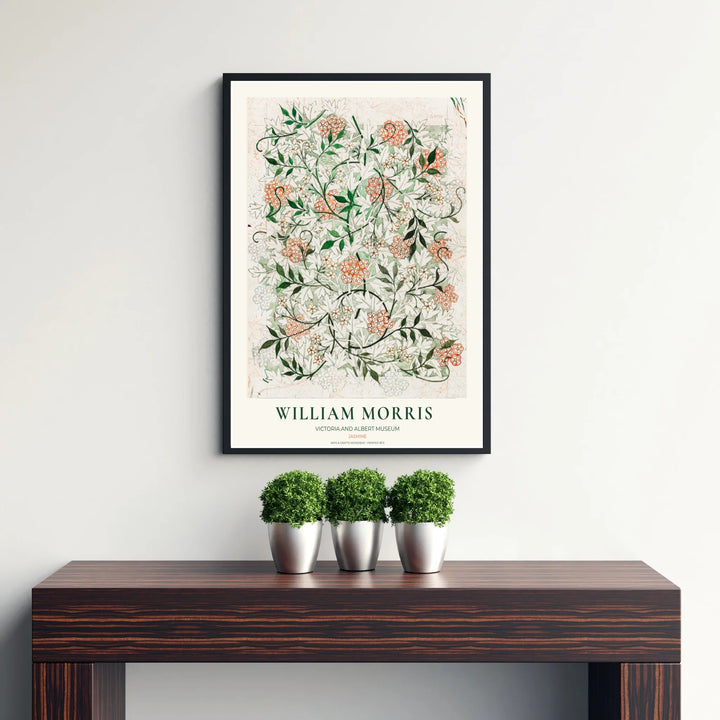 Elegant William Morris heritage wallpaper draft print showing parchment cream paper and forest green tendrils in a clean museum border. Explore durable framed, unframed, and canvas options available from MapYourDreams.