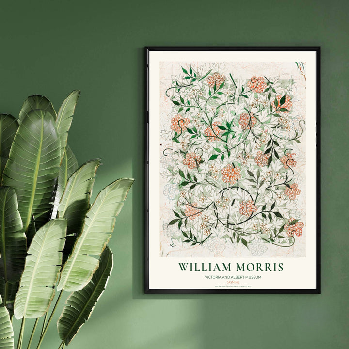High-contrast historical draft pattern artwork by William Morris featuring Jasmine design sketch motifs for gallery walls. Order archival framed, unframed, and canvas options available at MapYourDreams now.