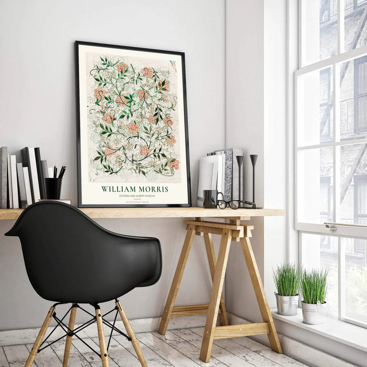 Parchment cream background with green hawthorn leaves in a restored vintage William Morris Jasmine Sketch exhibition print. MapYourDreams offers custom framed, unframed, and canvas options available for any room decor.