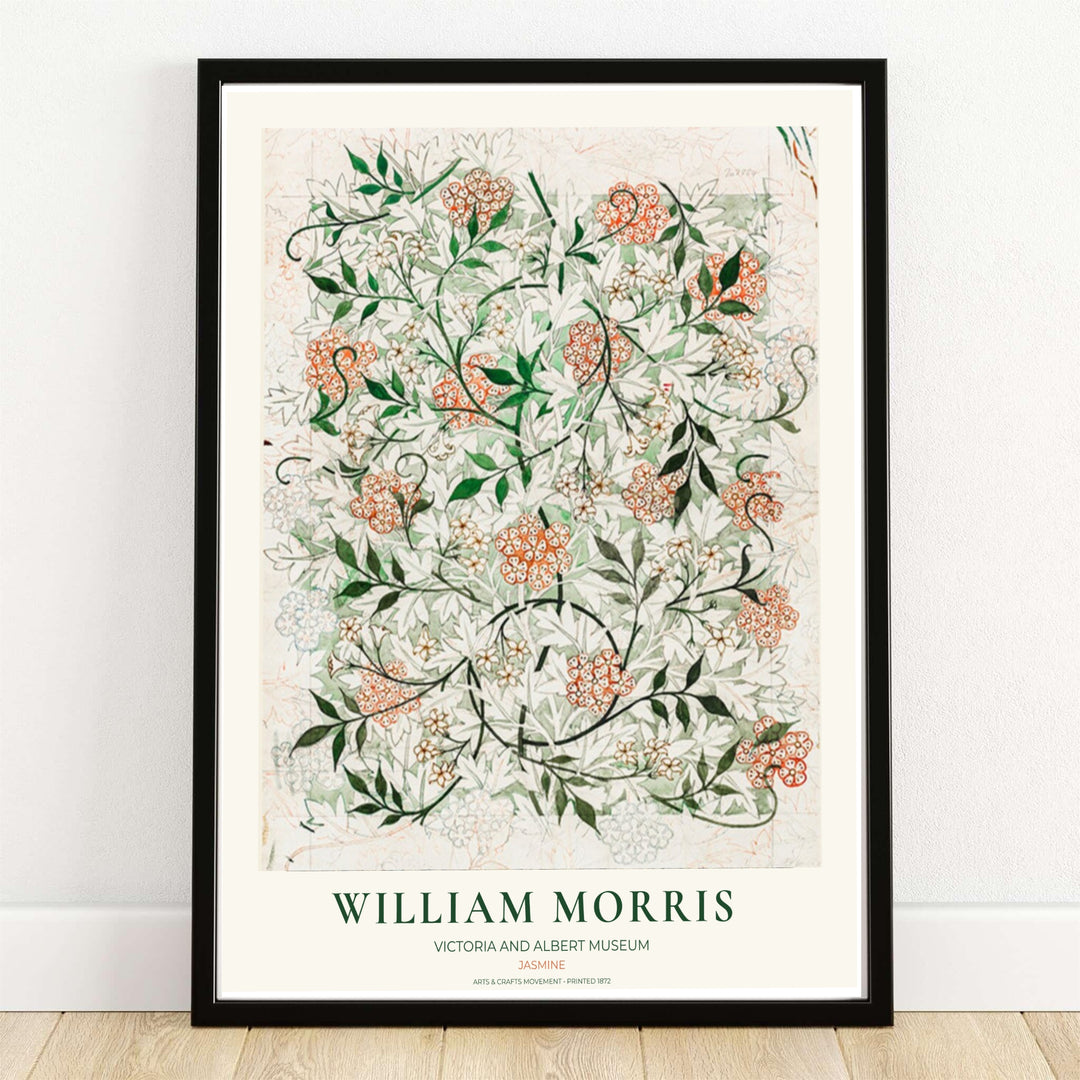 Original hand-drawn 1872 wallpaper draft with green leaves and terracotta flowers in a William Morris Jasmine Sketch print. MapYourDreams provides framed, unframed, and canvas options available for home interior decoration.