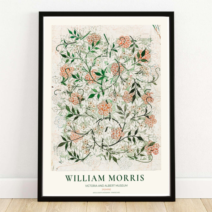 Original hand-drawn 1872 wallpaper draft with green leaves and terracotta flowers in a William Morris Jasmine Sketch print. MapYourDreams provides framed, unframed, and canvas options available for home interior decoration.