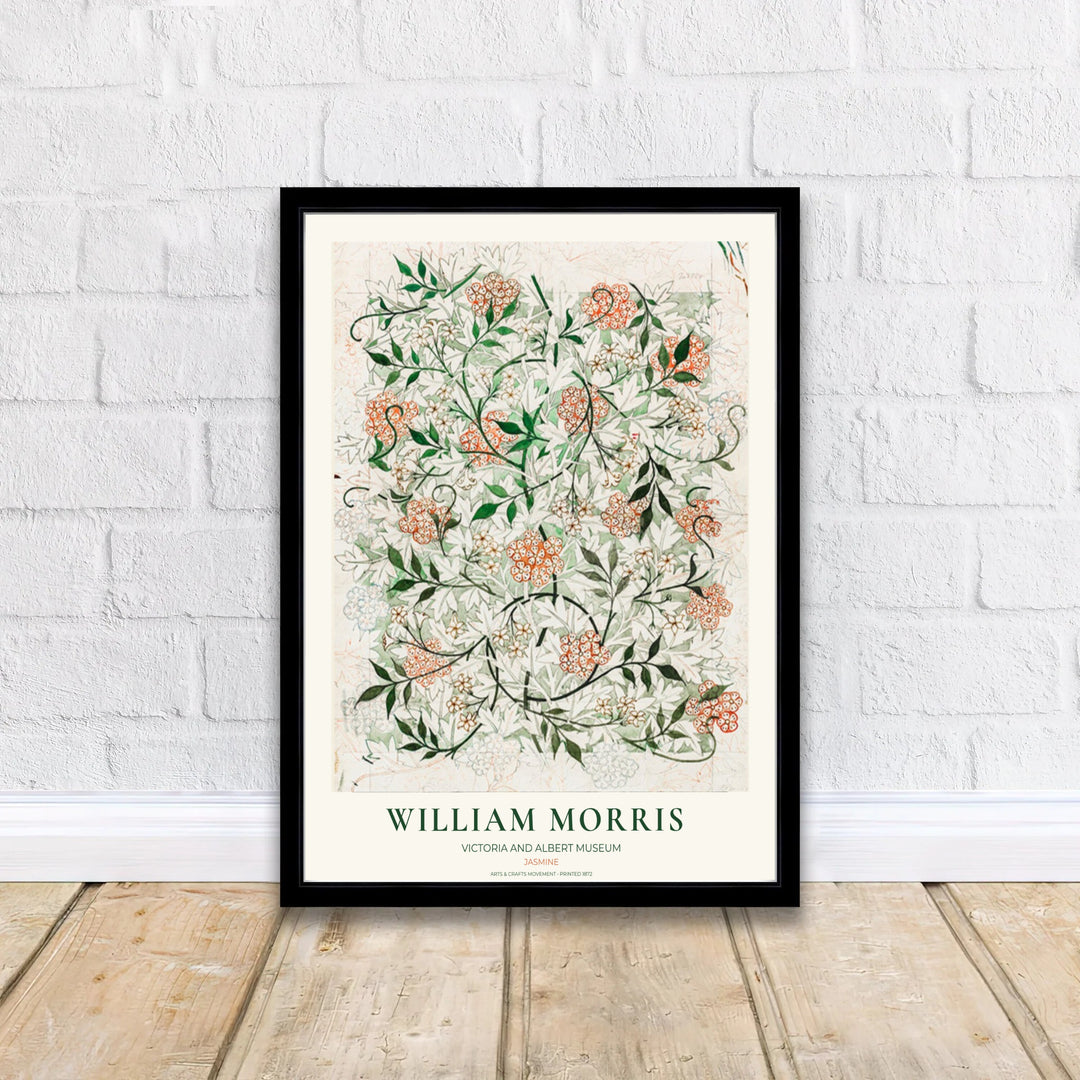 Classic English decorative poster showcasing the original 1872 William Morris Jasmine wallpaper sketch on aged paper. Browse fine framed, unframed, and canvas options available at MapYourDreams.