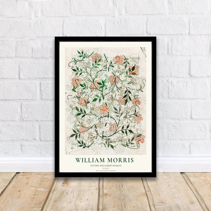 Classic English decorative poster showcasing the original 1872 William Morris Jasmine wallpaper sketch on aged paper. Browse fine framed, unframed, and canvas options available at MapYourDreams.