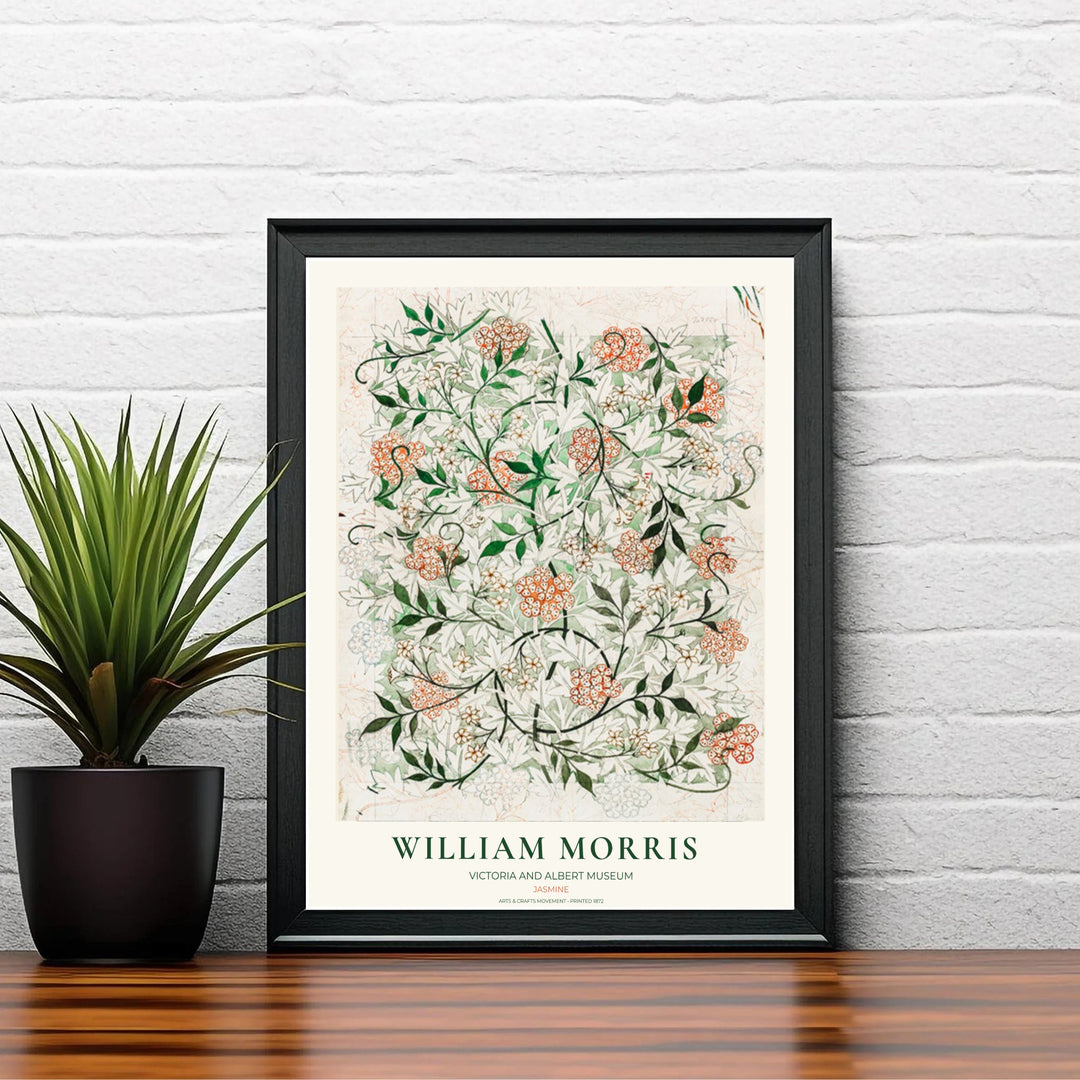 Winding dark ink vines and terracotta orange blossoms by William Morris rendered over preliminary pencil guidelines. Choose high quality framed, unframed, and canvas options available at MapYourDreams today.