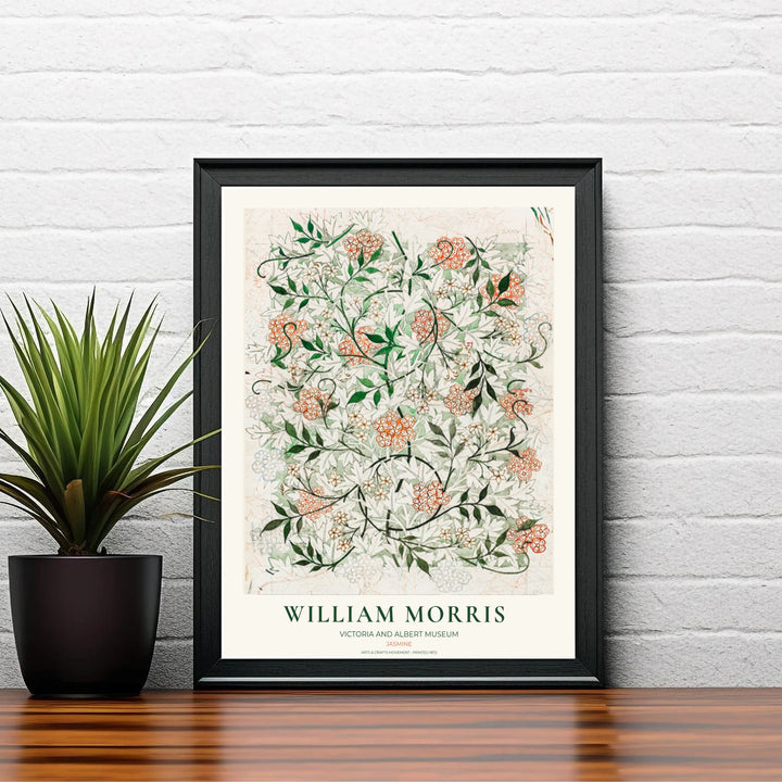 Winding dark ink vines and terracotta orange blossoms by William Morris rendered over preliminary pencil guidelines. Choose high quality framed, unframed, and canvas options available at MapYourDreams today.
