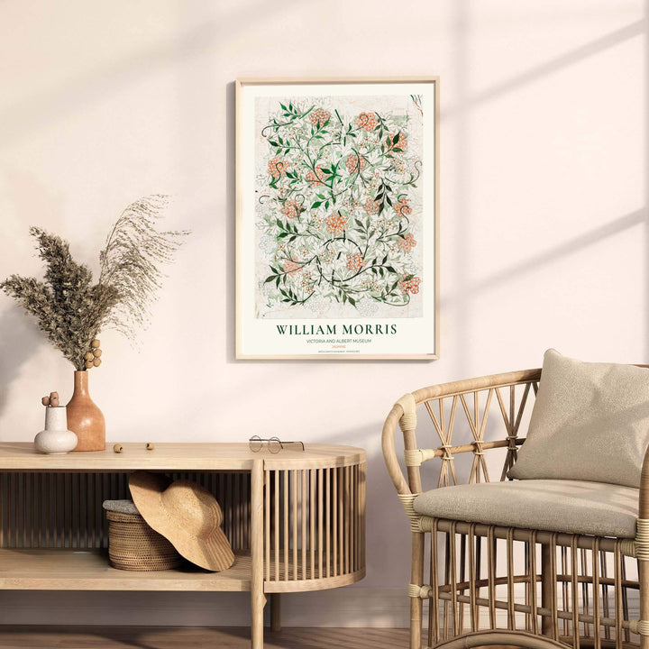 Detailed botanical draft illustration of jasmine flowers, pencil gridlines, and foliage by William Morris. MapYourDreams provides archival framed, unframed, and canvas options available to buy.