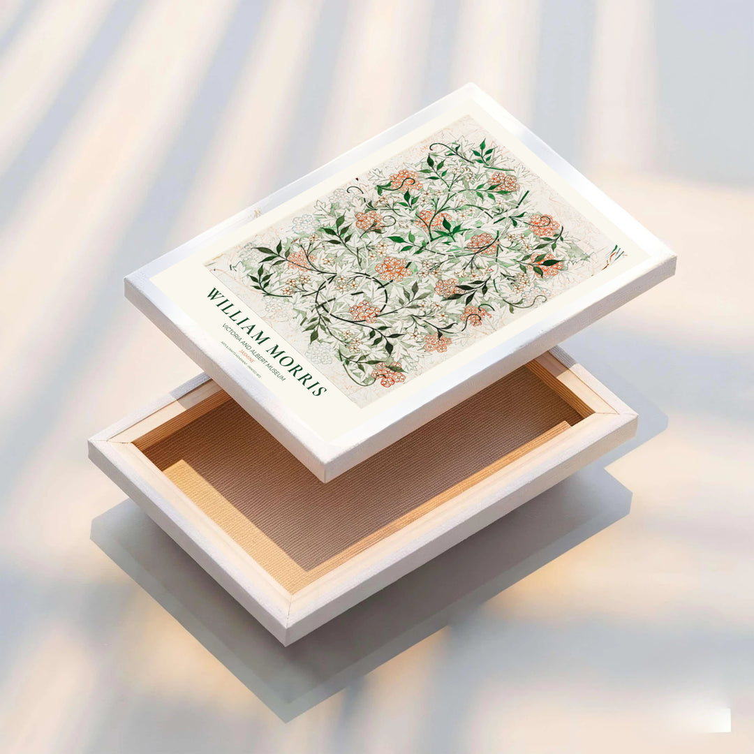 Striking botanical draft wall hanging featuring William Morris Jasmine sketch details from the V&amp;A museum archives. Choose framed, unframed, and canvas options available from MapYourDreams.