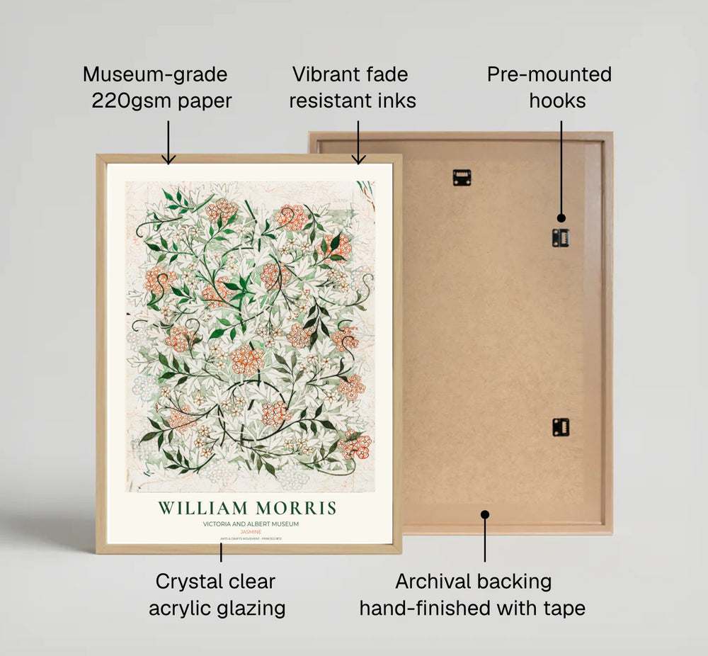 Intricate original design sketch for the William Morris Jasmine wallpaper showing pencil gridlines and V&A text. Shop high quality framed, unframed, and canvas options available today at MapYourDreams.