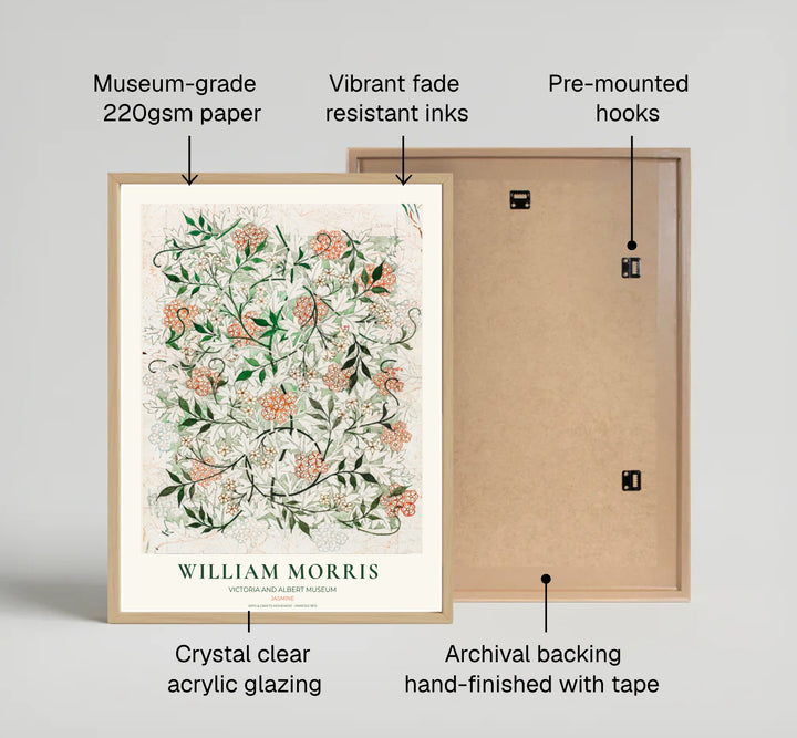 Intricate original design sketch for the William Morris Jasmine wallpaper showing pencil gridlines and V&amp;A text. Shop high quality framed, unframed, and canvas options available today at MapYourDreams.