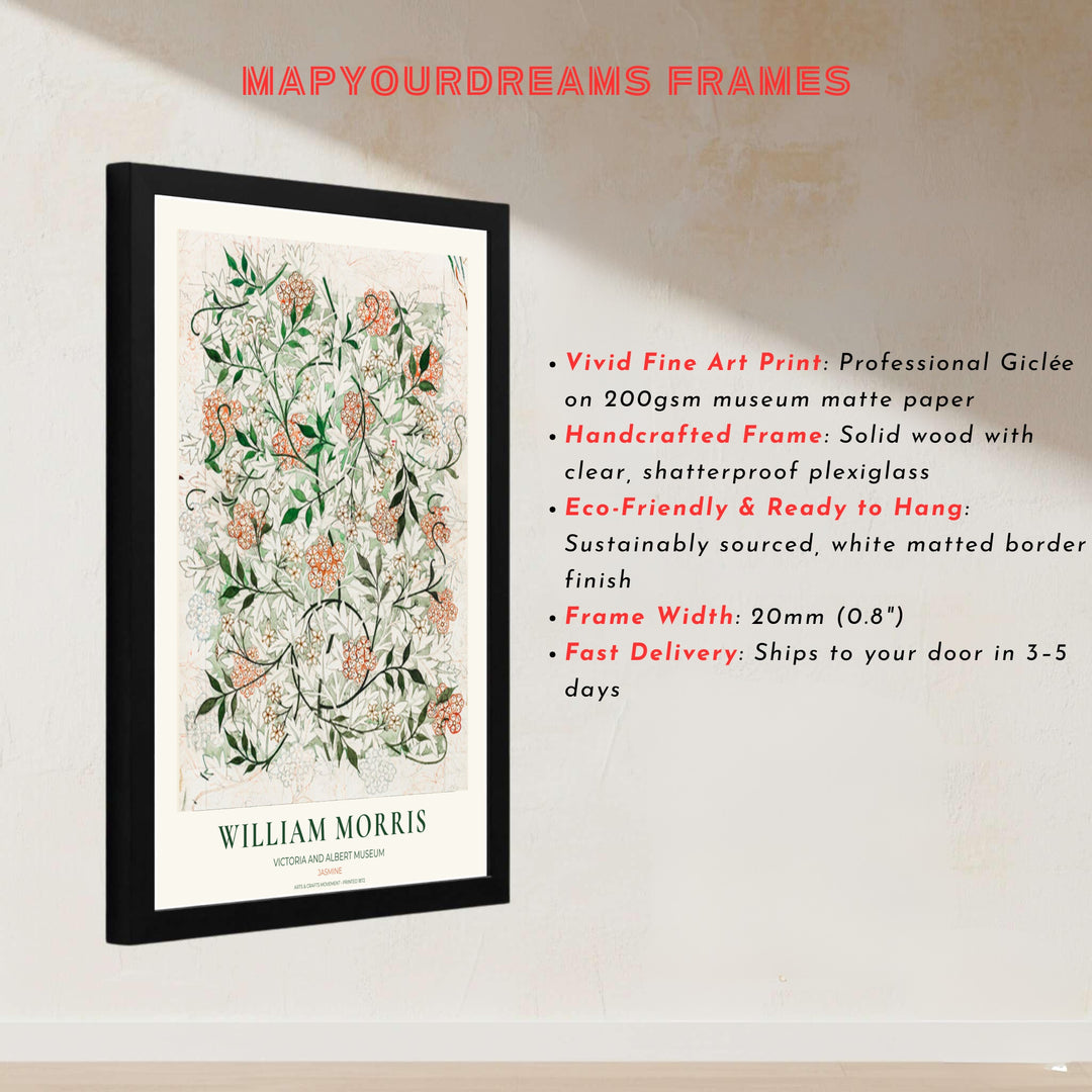 Intricate preliminary floral draft print by William Morris, ideal for creating an artistic focal point in a study. MapYourDreams offers museum-grade framed, unframed, and canvas options available.