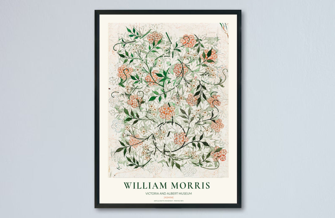 Vintage English heritage poster showing an authentic 1872 William Morris Jasmine sketch on archival paper. Explore our selection of framed, unframed, and canvas options available at MapYourDreams.