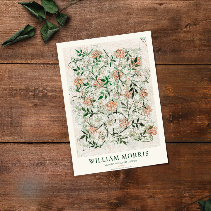 Rustic parchment botanical decor print featuring raw Jasmine design lines by William Morris, framed in a clean layout. Order your favorite framed, unframed, and canvas options available at MapYourDreams.