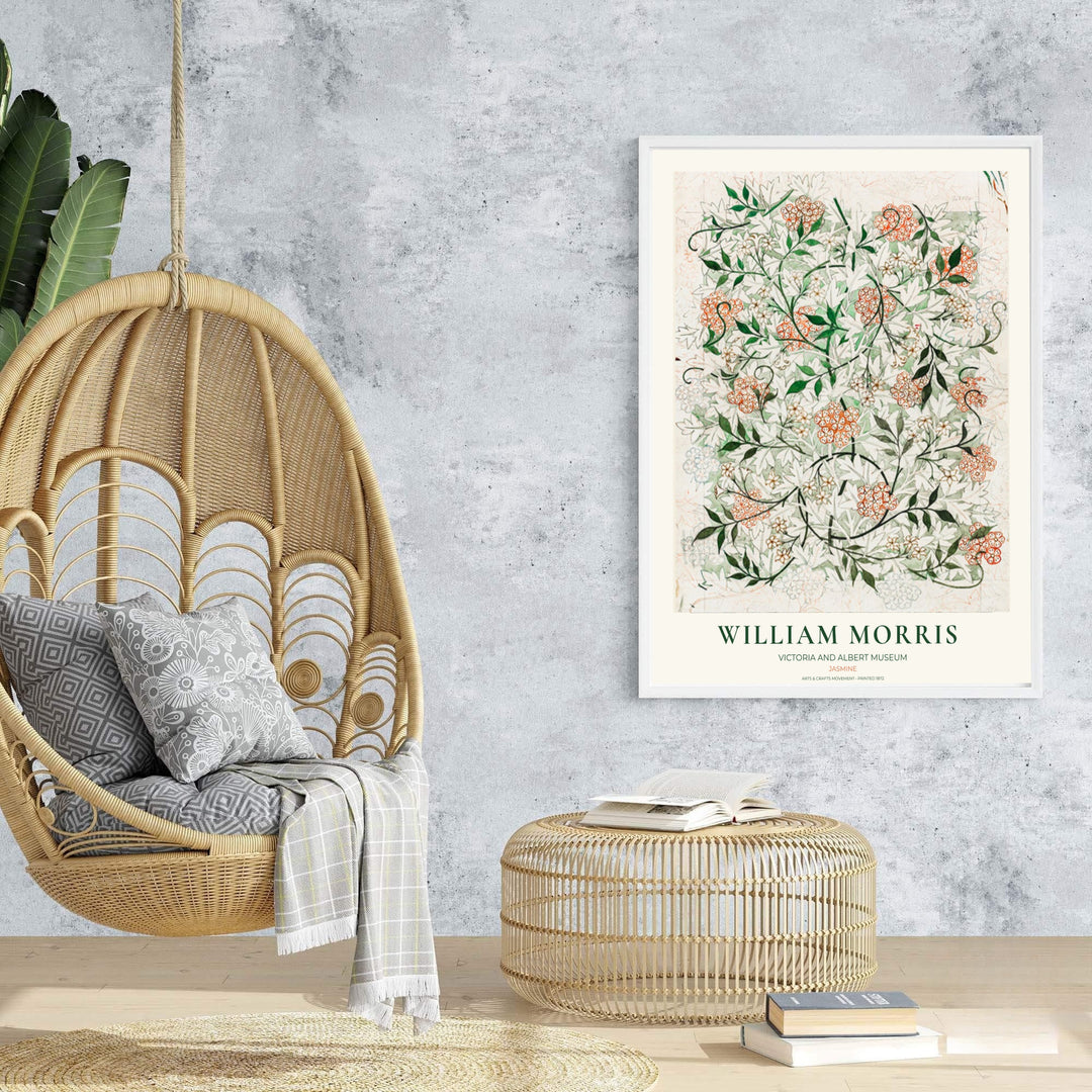 Artistic floral draft tapestry print illustrating William Morris Jasmine sketch details, designed for eclectic interiors. Select fine framed, unframed, and canvas options available at MapYourDreams.