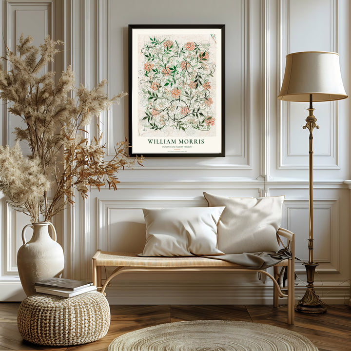 Fine art print of the William Morris Jasmine draft design, displaying raw Victorian botanical craftsmanship on cream. MapYourDreams features top quality framed, unframed, and canvas options available.